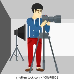 Photographer working with camera on a tripod.