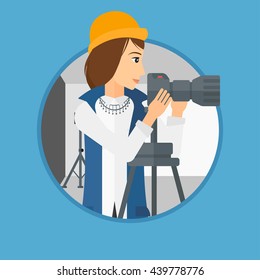 Photographer working with camera on a tripod in photo studio. Woman taking photo with professional digital camera in the studio. Vector flat design illustration in the circle isolated on background.