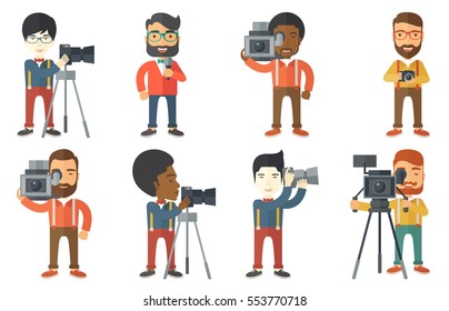 Photographer working with camera on a tripod. Photographer using professional camera. Photographer taking pictures with camera. Set of vector flat design illustrations isolated on white background.