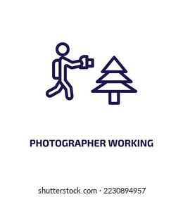 Fotograf arbeitet Ikone aus der Menschensammlung. Dünne, lineare Fotografen arbeiten, arbeiten, Umriss-Symbol einzeln auf weißem Hintergrund. Arbeitszeichen des Vektorfotografen, Symbol für Web und 