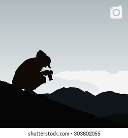 Photographer working in the mountains. Outline vector illustration.