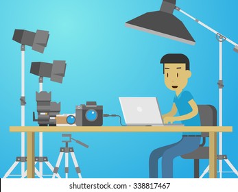 Photographer working on desktop surrounded by photography equipment in studio flat style