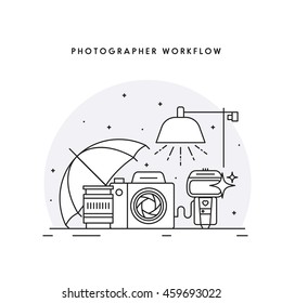 Photographer workplace. Photo processing. The modern line vector illustration. The photographer's workflow. 