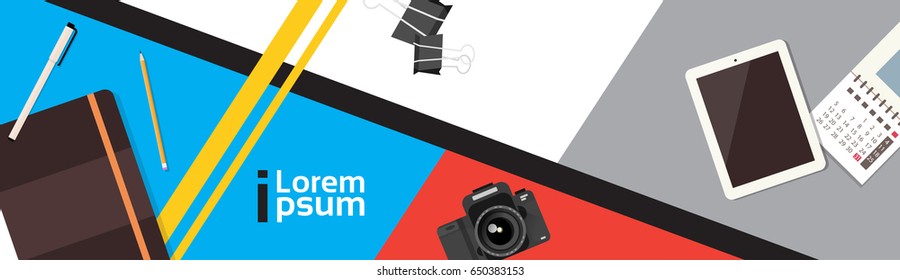Photographer Workplace Top Angle View Camera Tablet Computer Banner With Copy Space Flat Vector Illustration