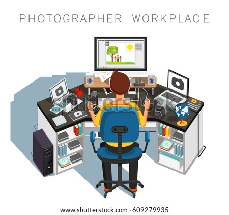 Photographer workplace. Photographer at work. Vector illustration