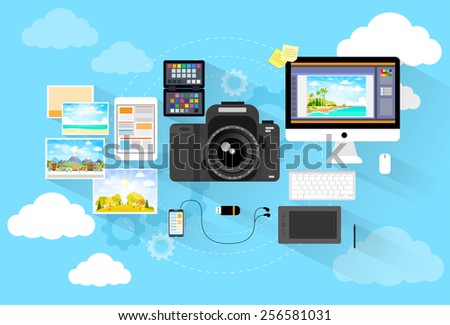 photographer workspace desk with camera computer icon flat design vector illustration