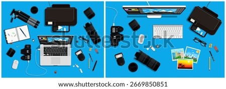 Photographer workstation with digital camera, laptop, and photo printer. Creative flat lay overhead desk top view for photography art process concept.