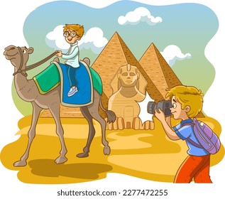 photographer young boy and egyptian pyramids