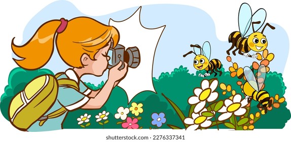 junge Fotograf und Bienenkartoon-Vektorgrafik