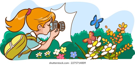 photographer young girl and butterfly cartoon vector