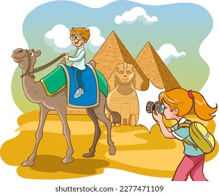 photographer young girl and egyptian pyramids