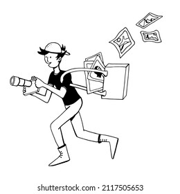 Photographer. A young man running with a camera and a bag of photographs. Vector black and white hand drawn illustration. Isolated on white