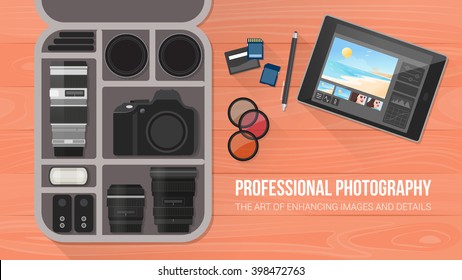 Photographer's bag with professional equipment, flat lay, banner with copy space