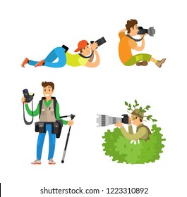 Photographers with cameras and photo equipment. Modern devices for taking picture, photojournalists or reporters, tripod in bush vector illustrations.
