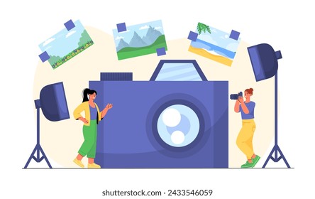 Photographers with cameras. Women with softbox and photographical equipment. Workshop or photostudio. Papparazzi at workplace. Cartoon flat vector illustration isolated on white background