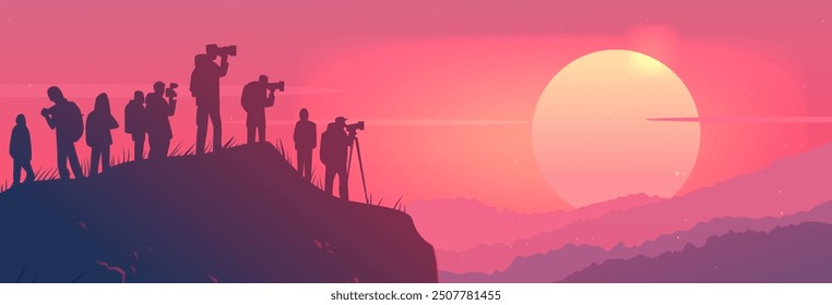 Photographers capturing sunset on hill silhouettes scenic landscape pink sky large sun mountains nature community