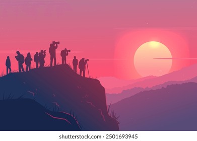 Photographers capturing sunset on mountain peak silhouettes scenic landscape pink sky distant mountains