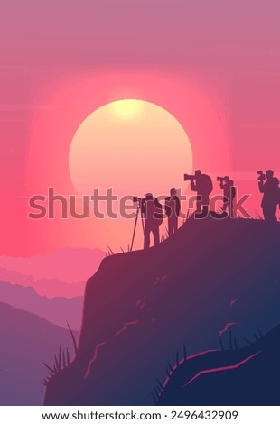 Photographers capturing sunset on mountain silhouette landscape vibrant colors nature scene