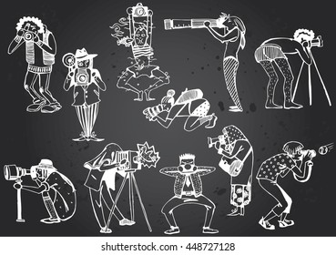 Photographers Collection. Vector characters Hand-drawn isolated on Gray Chalkboard.