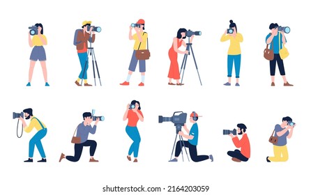 Photographers. Creative job, photographer with camera and tv operator. Man making artistic picture, isolated cartoon paparazzi recent vector set