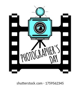 Photographer's day. Composition of photographic film and retro camera. Vector illustration isolated on a white background.