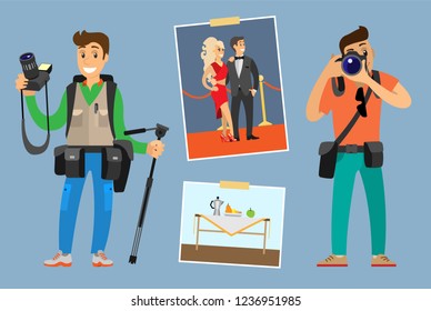 Photographers with digital cameras or photo equipment. Guy holding tripod, setting lens, celebrities couple, still life picture vector illustration.