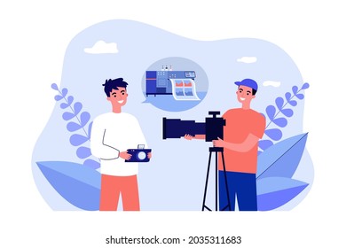 Photographers discussing high-tech image printing. Flat vector illustration. Two young men with cameras talking about photo business. Photography, hobby, printing concept for design or landing page