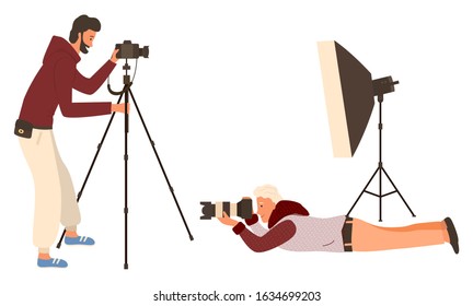 Photographers with equipment for taking photos vector, man with camera laying on floor. Stand for lenses, male with apparatus and flash picture making