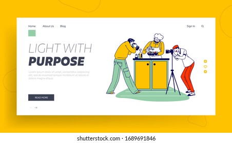 Photographers Make Picture of Food Landing Page Template. Chief Character Decorating Salad with Fresh Herbs, People on Kitchen Making Photos for Magazine or Internet. Linear People Vector Illustration