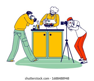 Photographers Make Pictures of Food, Chief Character Wear White Apron and Toque Decorating Salad with Fresh Herbs, People on Kitchen Making Photos for Magazine or Internet. Linear Vector Illustration