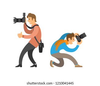 Photographers making photos with digital cameras. Man carrying case for device, guy taking bottom angle to make picture vector illustrations set.