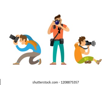 Photographers making picture with modern digital cameras from bottom and front angles. Journalists or paparazzi taking photos vector illustrations.