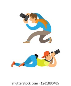 Photographers making picture with modern digital cameras from bottom angles. Man sitting or guy in cap lying to take photo vector illustrations set.