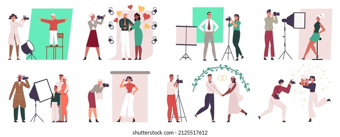 Photographers and models, professional cameraman workflow process. Wedding photoshoot, fashion and family photography vector illustration set. Photo session scenes with professional equipment