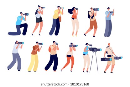 Photographers and operator. Digital video maker, professional artist holding camera. Film crew characters, job cameraman vector illustration