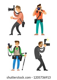 Photographers or paparazzi with cameras on tripod taking pictures. Photojournalists carrying equipment, device for photo shooting vector illustration.