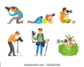 Photographers or paparazzi taking photo with digital cameras from all angles and bush. Journalists or reporters spy and follow vector illustrations.