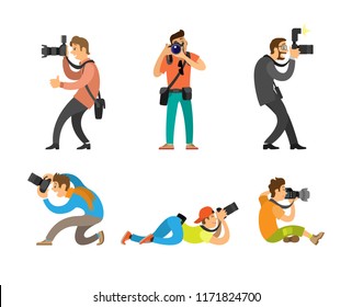 Photographers or paparazzi taking photo with modern digital cameras from all angles. Journalists or reporters making pictures vector illustrations.