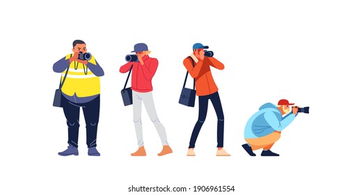 Photographers or paparazzi taking photo. Photojournalist, cameraman documenting war and conflict, street riots. Characters Journalist reporters making pictures. Cartoon flat style vector illustration.