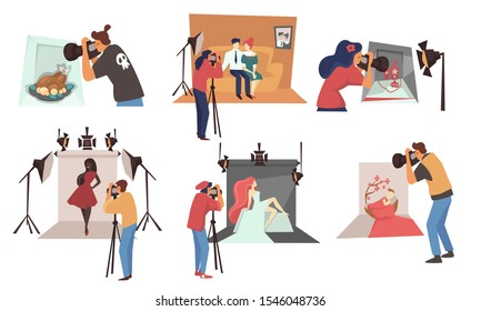 Photographers and photo studio, family photoset and still life picture, isolated icons vector. Models fashion shooting and baby photographs, camera and light. People taking photography on backdrop