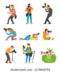 Photographers or photojournalists with cameras on tripod taking shots from bottom, above and front angle. Photo reporter in bush vector illustration.