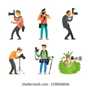 Photographers or photojournalists with cameras on tripod taking shots. Photo reporter in bush, setting focus, carrying backpack vector illustration.