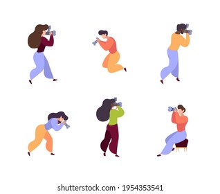 Photographers. Professional workers with digital cameras paparazzi woman posing interesting hobby garish vector photographer characters