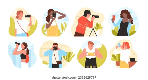 Photographers shoot with camera set vector illustration. Cartoon woman and man journalists stand with camera on tripod for professional photography, girl making creative photo for social media profile