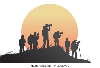 Photographers silhouette group capturing sunset scene. Silhouetted individuals with cameras and tripods on hilltop against large setting sun background