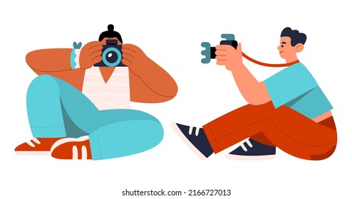 Photographers sit in funny positions and take pictures with cameras. World phorography day. Flat hand drawn cartoon vector illustration