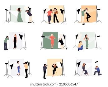 Fotografen im Studio. Cartoon-Modelle, die im Fotostudio in verschiedenen Posen arbeiten. Modelle für Männer und Frauen, die im professionellen Fotostudio mit Kameras und leichten Steinen stehen