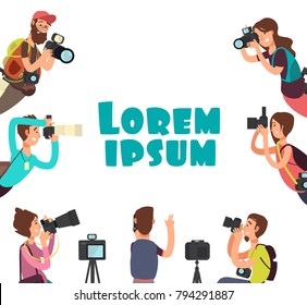 Photographers taking photo. Outdoor photography vector concept. Photographer with photo camera, character paparazzi illustration