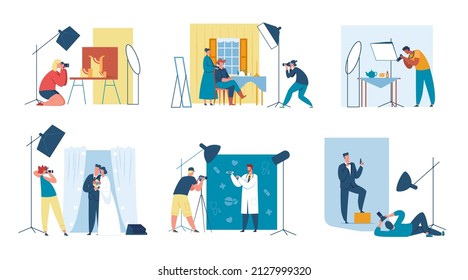 Photographers taking photos of model in studio, wedding photoshoot. Professional photographer with camera, product photography vector set. Illustration of studio camera professional