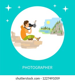 Photographers taking picture with photo equipment. Photojournalist and reporter sitting on stones making photo of mountain landscape vector circle frame
